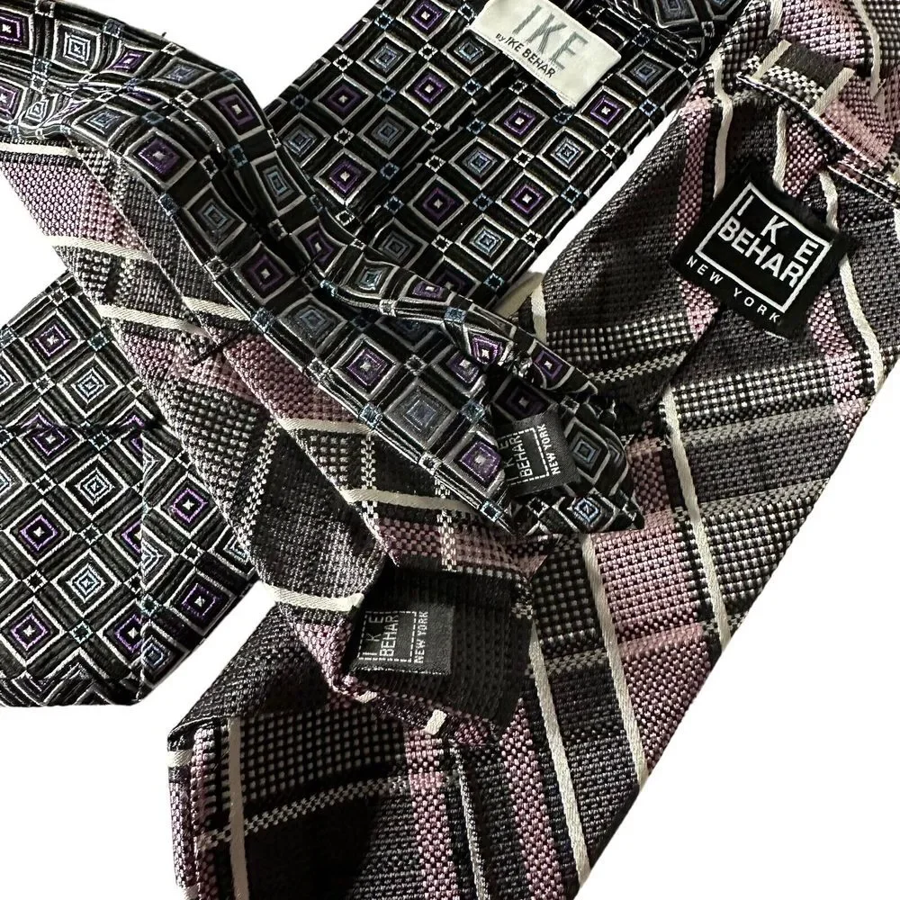 Lot of 2 IKE Behar Men Neckties Purple Plaid Striped Square Print Geometric Ties